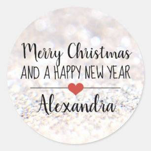 Vrolijk kerstzilver glitter naam sticker