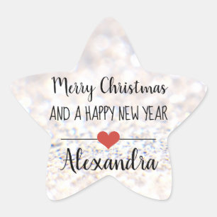 Vrolijk kerstzilver glitter naam sticker