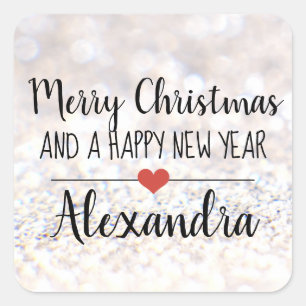 Vrolijk kerstzilver glitter naam sticker
