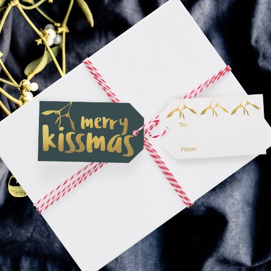 Vrolijk Kissmas Modern Groen en Goud Mistletoe Cadeaulabel