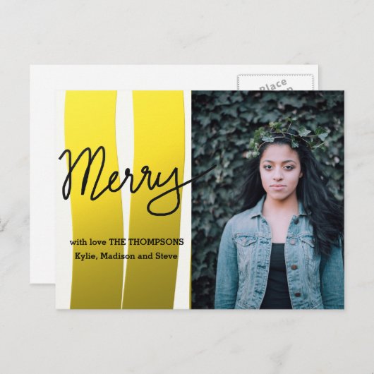 Vrolijk Modern Script Gold Stripes Vakantiefoto Feestdagenkaart (Voorkant / Achterkant)