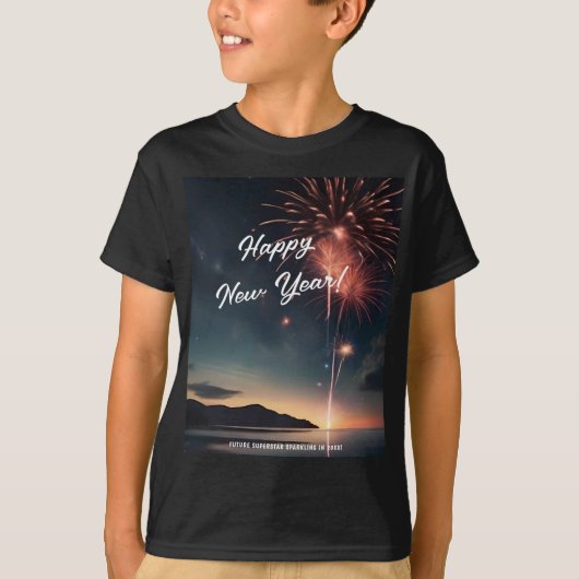 Vrolijk Nieuwjaar Fireworks Script Typografie Kind T-shirt (Voorkant)
