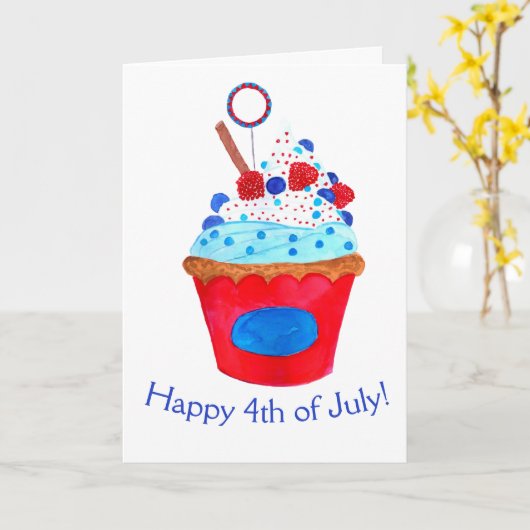 Vrolijk op 4 juli waterverf cupcake kaart (Gele Bloem)