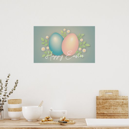 Vrolijk paaseieren en babyblauw met lentbloemen poster (Keuken)