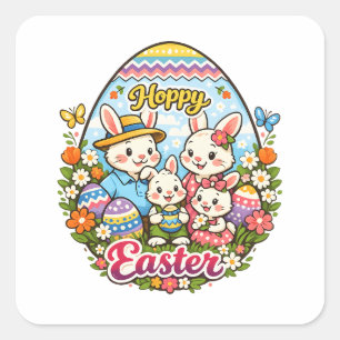 Vrolijk Pasen Kleurrijk Cartoon Konijn Familie Gra Vierkante Sticker