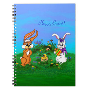 Vrolijk Pasen. Konijn met Bunny en Chick Notitieboek