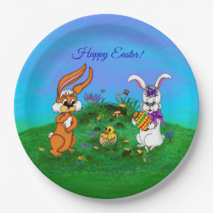 Vrolijk Pasen. Konijn met Bunny en Chick Papieren Bordje