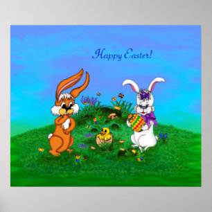 Vrolijk Pasen. Konijn met Bunny en Chick Poster
