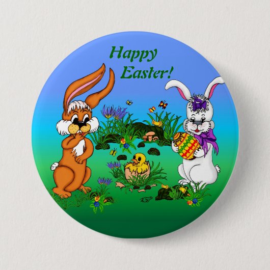 Vrolijk Pasen. Konijn met Bunny en Chick Ronde Button 7,6 Cm (Voorkant)