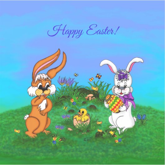 Vrolijk Pasen. Konijn met Bunny en Chick Sticker (Voorkant)