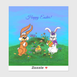 Vrolijk Pasen. Konijn met Bunny en Chick Sticker
