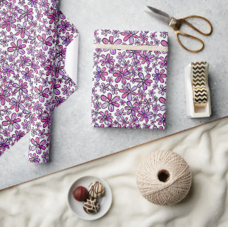 Vrolijk Retro Bloemenpatroon met Roze en Paarse Cadeaupapier