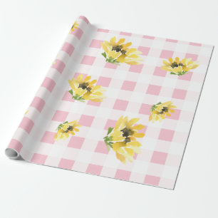 Vrolijk roze Gingham Zonnebloem Baby shower Cadeaupapier