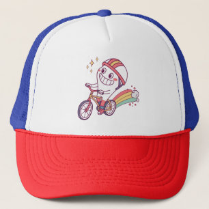Vrolijk stripfiguurtje op fiets met regenboog trucker pet