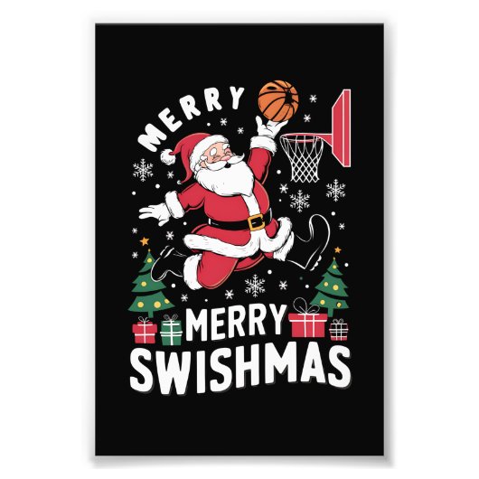 Vrolijk Swishmas Kerstmis Kerstman Spelen Basketba Foto Afdruk (Voorkant)