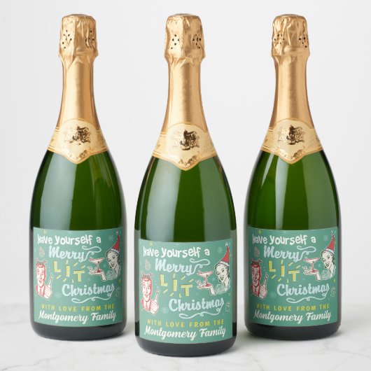 Vrolijk verlicht Kerst Retro Mideeuw Modern Grappi Sparkling Wijnetiket (Flessen)