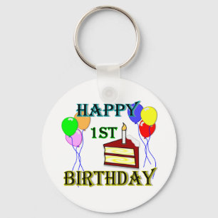 Vrolijke 1e verjaardag met Cake, ballonnen en kaar Sleutelhanger