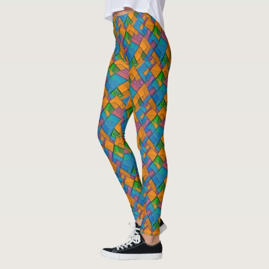 Vrolijke Abstracte Quiltstijl Patchwork Kleuren Leggings (Links)