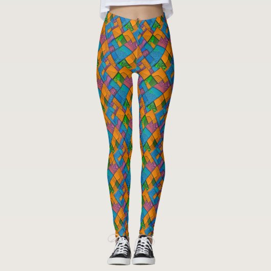 Vrolijke Abstracte Quiltstijl Patchwork Kleuren Leggings (Voorkant)