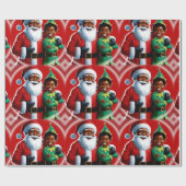 Vrolijke Afro-Amerikaanse Kerstman en Elf Kerstmis Cadeaupapier (Vlak)