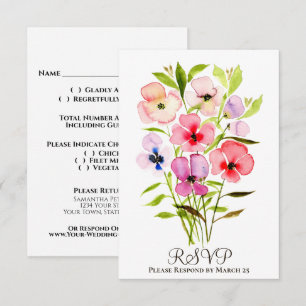 Vrolijke Aquarel Viooltjes & Wilde Bloemen Bruilof RSVP Kaartje