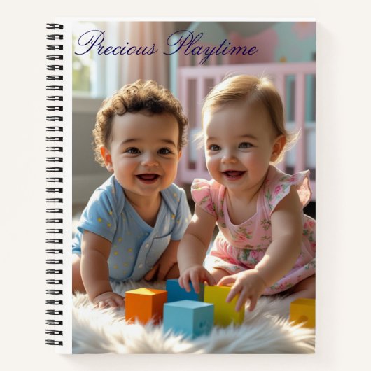Vrolijke baby's spelen op een zacht bontkleed notitieboek (Voorkant)
