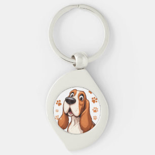 Vrolijke Basset Hond met Oranje Pootafdrukken Sleutelhanger