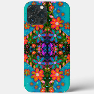 Vrolijke Blauwgroen Bloempatroon grillige Boho Sch iPhone 13 Pro Max Hoesje