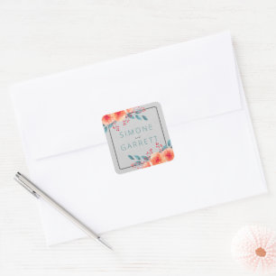 Vrolijke Bloemen Sinaasappel en Blauwgroen Bright  Vierkante Sticker