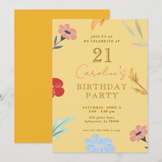 Vrolijke Bloemen Verjaardag uitnodigingen (Voorkant / Achterkant)