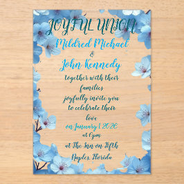 Vrolijke bruiloft uitnodiging met blauwe bloemen acryl uitnodigingen