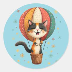 Vrolijke Calico Cat Sky Adventure Illustratie Ronde Sticker