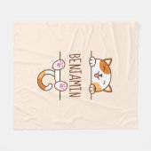 Vrolijke Calico Kat Peeking Aangepaste Naam Beige Fleece Deken (Voorkant (Horizontaal))