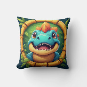 Vrolijke Cartoon Dinosaur in Bamboe Frame Kussen