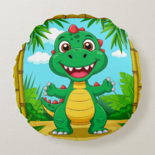 Vrolijke Cartoon Dinosaur in Bamboe Frame Rond Kussen