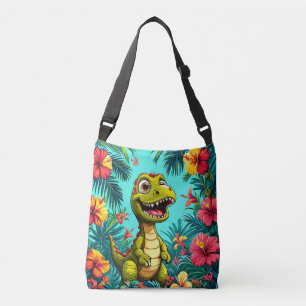 Vrolijke Cartoon dinosaurus met tropische bloemen Crossbody Tas