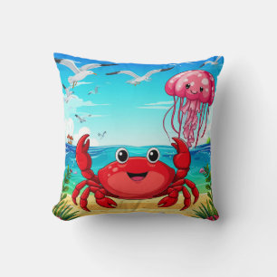 Vrolijke Cartoon Krab op een Levendig Strand Kussen