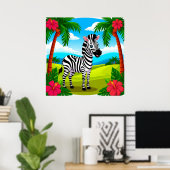 Vrolijke Cartoon Zebra in een tropisch landschap Poster (Thuiskantoor)