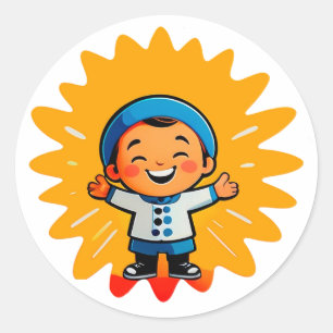 Vrolijke Cartoon Zon Karakter Ronde Sticker