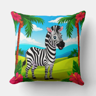 Vrolijke Cartoonzebra in een Tropisch Landschap Kussen