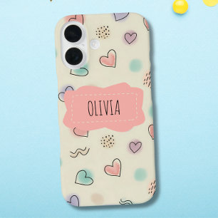 Vrolijke Doodles van Hartjes, Stippen en Golvende iPhone 16 Hoesje
