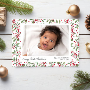 Vrolijke eerste kerstfoto's, bessen en groen feestdagenkaart