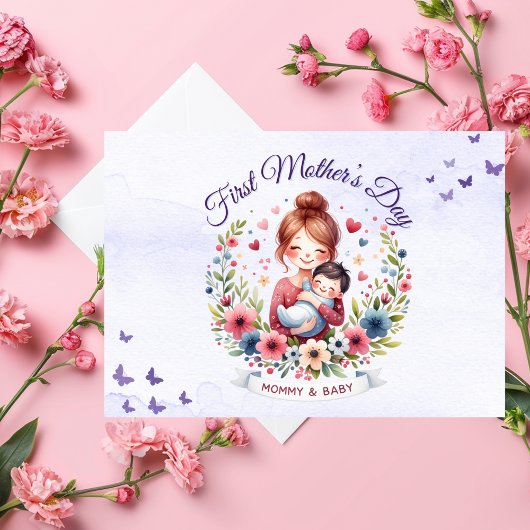 Vrolijke eerste Moederdag Kaart met mama en Baby