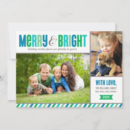 Vrolijke en Heldere | Blauwe en Groene Foto Feestdagenkaart (Voorkant)