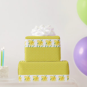 Vrolijke Gele Narcissen Bloem en Stippen Cadeaupapier