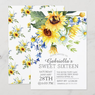 Vrolijke gele zonnebloemen Sweet Sixteen Party Kaart