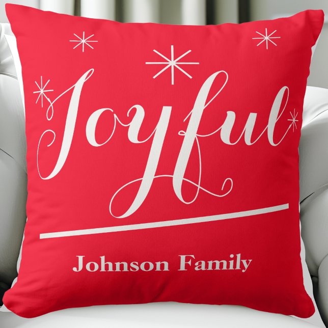 Vrolijke Gift Script Naam Chic Rustic Red Christma Kussen ("Joyful" rustic chic red personalized Christmas throw pillow.)