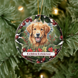 Vrolijke Golden Retriever, gepersonaliseerde kerst Keramisch Ornament
