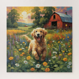 Vrolijke Golden Retriever stoeien op de ranch Legpuzzel
