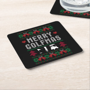 Vrolijke Golfmas Golf Golfen Golfer Lelijke Kerst Vierkante Kartonnen Onderzetter